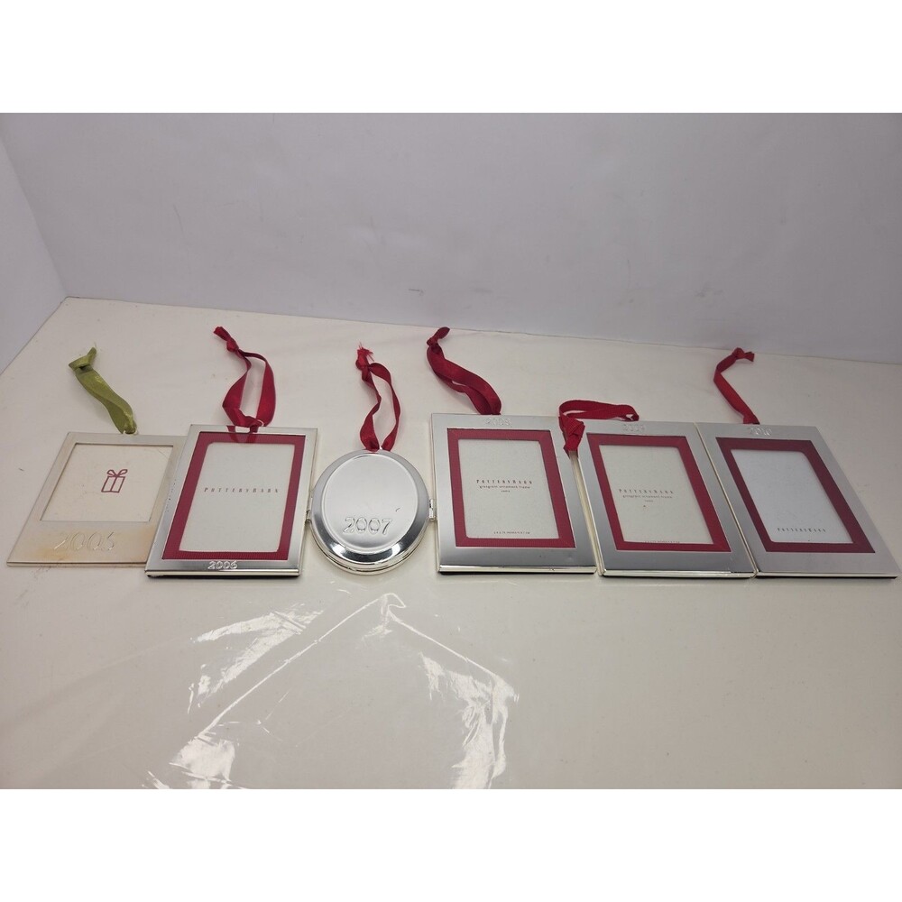 6 Pc Pottery Barn Silver Frame Ornament Lot 2005-2010 Mixed Ribbon Locket NEW